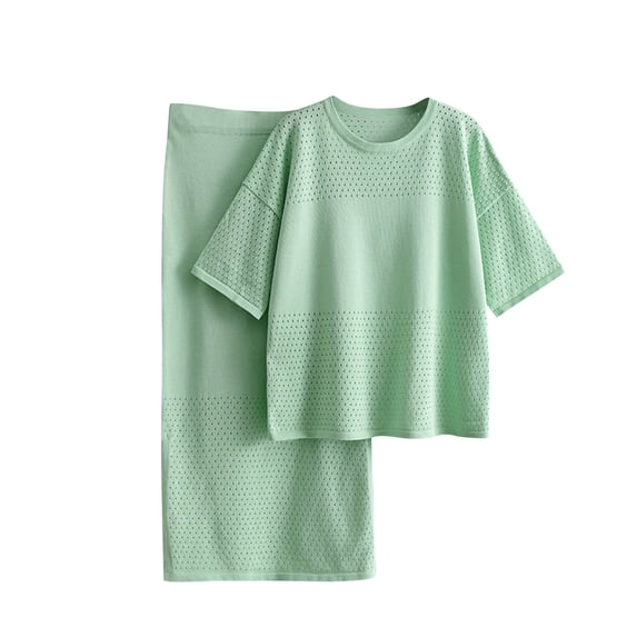SnZhen Two Piece Sets for Women Summer Women's Knitted Solid Color Half Hip Wrap Skirt Two-piece Knitted Suit For Short Sleeved Shirt