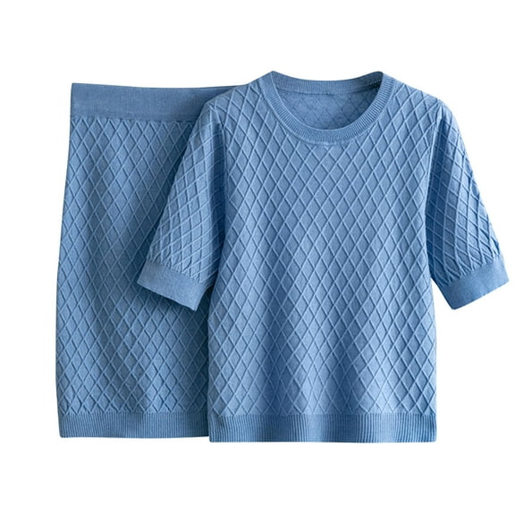 SnZhen Two Piece Sets for Women Summer Women's Knitted Solid Color Half Hip Wrap Skirt Two-piece Knitted Suit For Short Sleeved Shirt