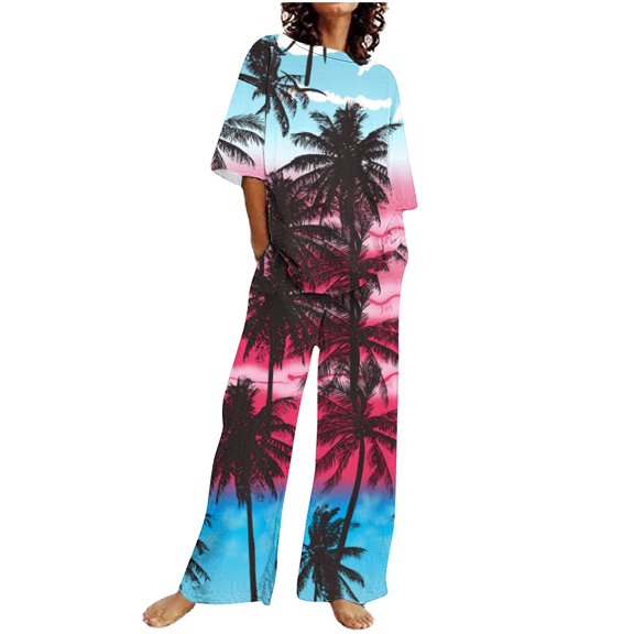 SnZhen Two Piece Sets for Women Summer Women's Solid Color Casual Short Sleeved Top With Pants And Round Neck Set