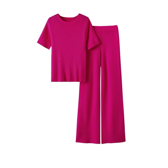 SnZhen Two Piece Sets for Women Summer Women's Stylish Casual Suit Contrasting Color Short-sleeved And Wide-leg Pants Slit Two-piece Set