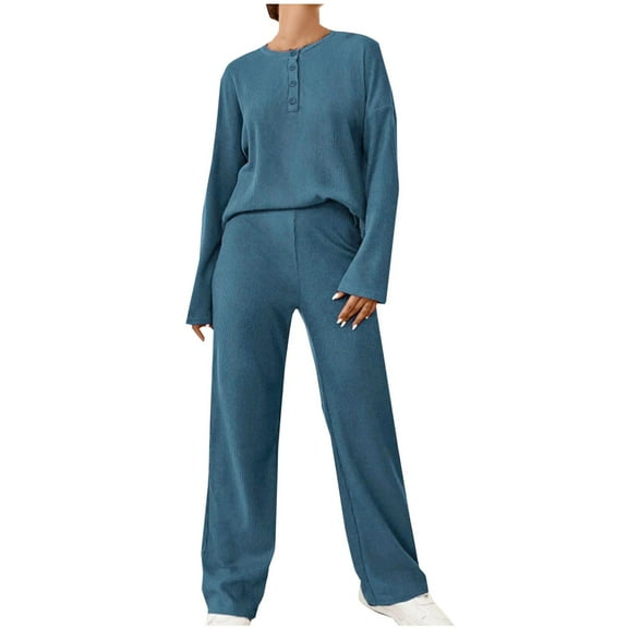 SnZhen Two Piece Sets for Women Women Solid Color Casual Loose Pants Long Sleeve Button Round-Neck Blouses Set