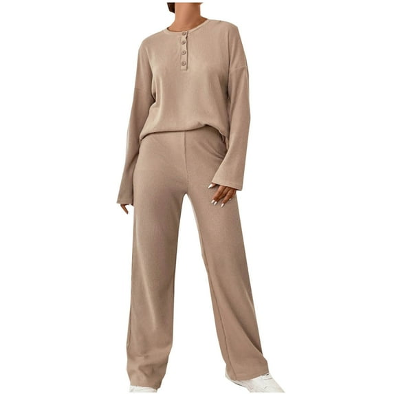 SnZhen Two Piece Sets for Women Women Solid Color Casual Loose Pants Long Sleeve Button Round-Neck Blouses Set
