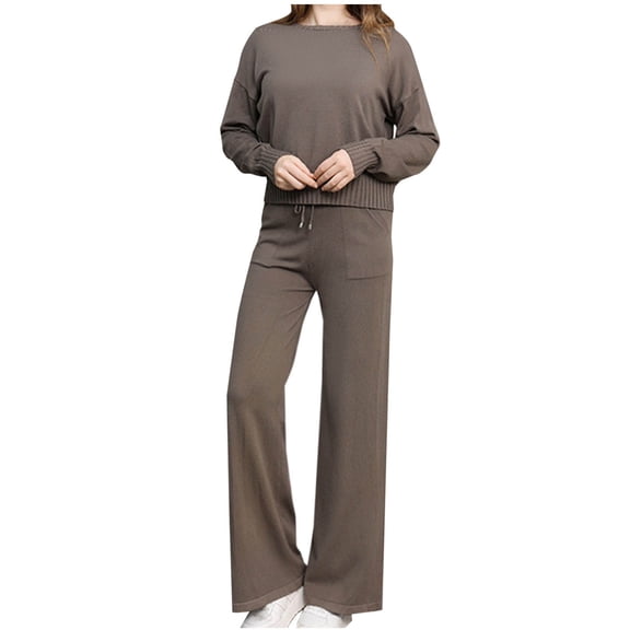 SnZhen Two Piece Sets for Women Women Solid Color Casual Loose Pocket Drawstring Pants Long Sleeve Round-Neck Blouses Set