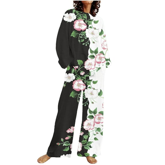 SnZhen Two Piece Sets for Women Women's Casual Printed Long Sleeved Round Neck Top With Pants Set