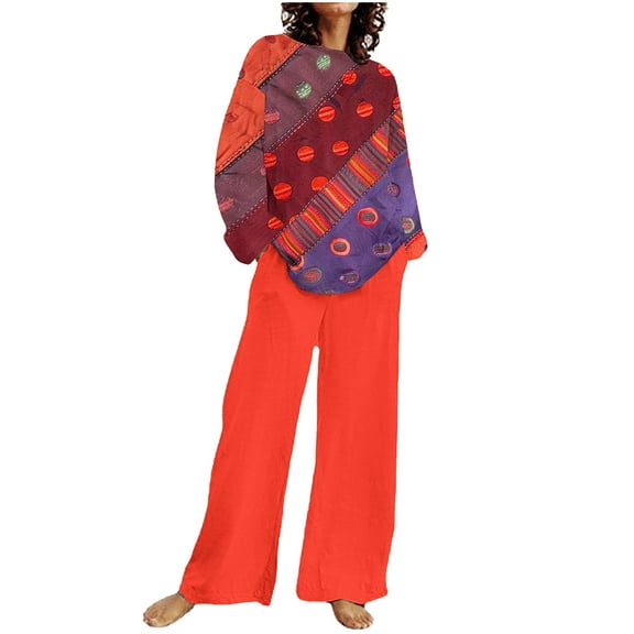 SnZhen Two Piece Sets for Women Women's Casual Printed Long Sleeved Round Neck Top With Pants Set