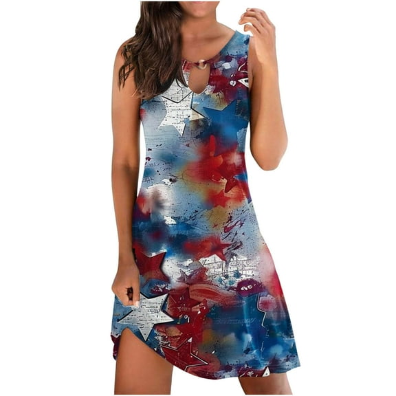 SnZhen Wedding Guest Dresses for Women Women's Fashion Casual Round-Neck Vintage Sleeveless Print Dresses