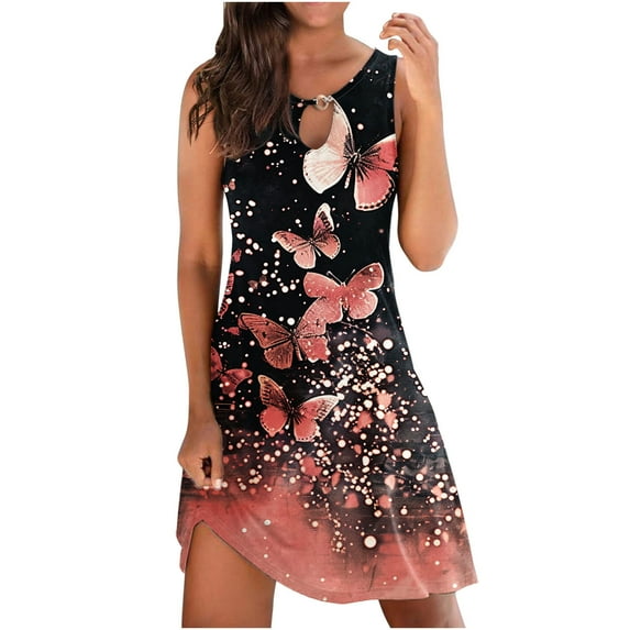 SnZhen Wedding Guest Dresses for Women Women's Fashion Casual Round-Neck Vintage Sleeveless Print Dresses