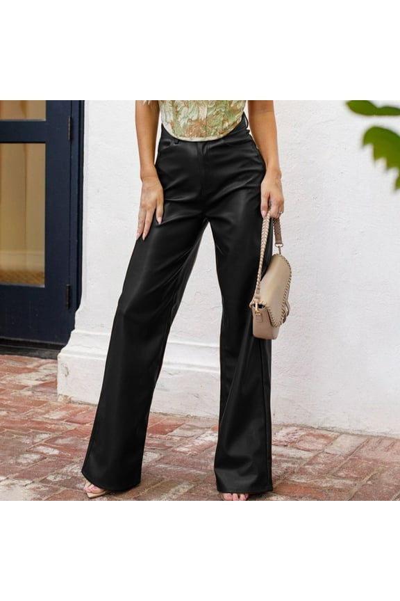 Winter Casual Fashion Leather Pants Womens High Waisted Faux Leather with Pockets Retro Loose Wide Leg Pants G-Black M