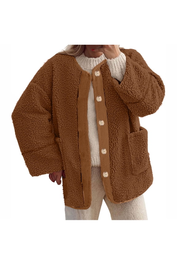 Winter Jacket Womens Fashion Lamb Wool Solid Color Splice Buttons with Pockets Long Sleeve Hoodless Casual Outwear Coat M