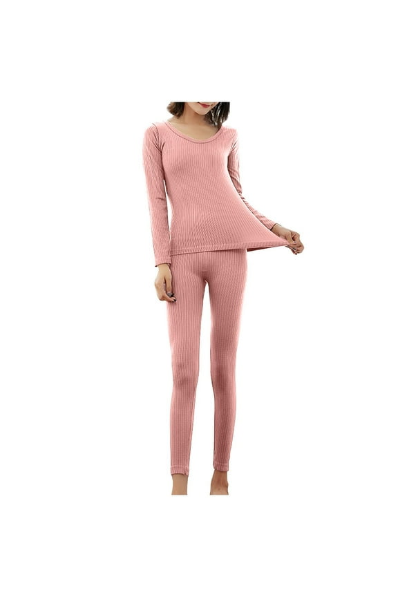 Winter Loungewear Thermal Underwear Set Women Long Sleeved Solid Color Round Neck Warm Suits Pajama Set