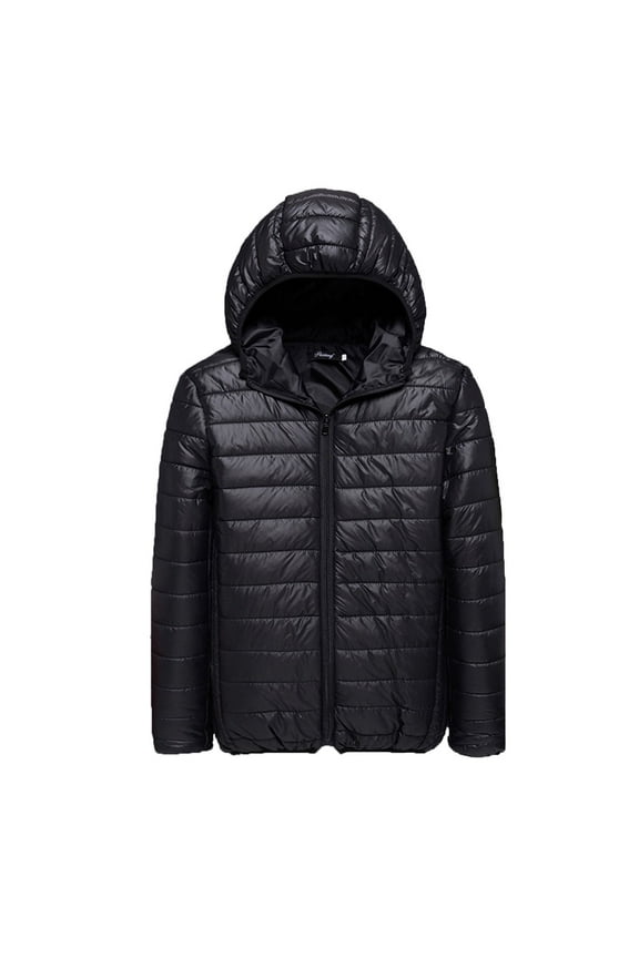 Mens Coats Winter Mens Hooded Down Jackets Solid Color Thicken Warm Zipper Cotton-padded Minimalist Base Casual Coat Black XL