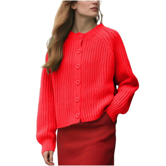 SnZhen Winter Sweater for Women Women's Casual Solid Color Long Sleeve Knitted Button Cardign Sweaters Red S