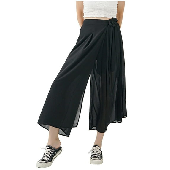 SnZhen Woman Wide Leg Pants Women's Oversized Casual Wide Leg Pants Chiffon Pleated Long Pants Solid Color Pants Skirt