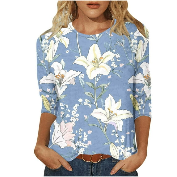 SnZhen Women Casual 3/4 Loose Tops Fashion Printing Large Size Round Neck Three-Quarters Sleeve Comfy Top
