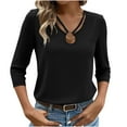 thumbnail image 1 of SnZhen Women Casual 3/4 Sleeve Tops Ladies Solid Color V-neck Leisure Cropped Sleeve Top with Ring Design, 1 of 5