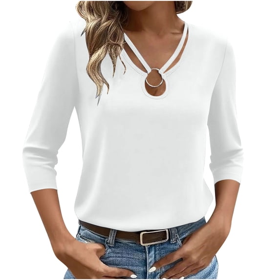 SnZhen Women Casual 3/4 Sleeve Tops Ladies Solid Color V-neck Leisure Cropped Sleeve Top with Ring Design