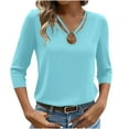 thumbnail image 1 of SnZhen Women Casual 3/4 Sleeve Tops Ladies Solid Color V-neck Leisure Cropped Sleeve Top with Ring Design, 1 of 5
