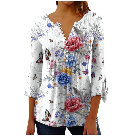 SnZhen Women Fashion V-Neck Loose Floral Blouse Tops Ladies' Casual Button Flower Print Pleated Waistband Horn 3/4 Sleeves V-neck Top
