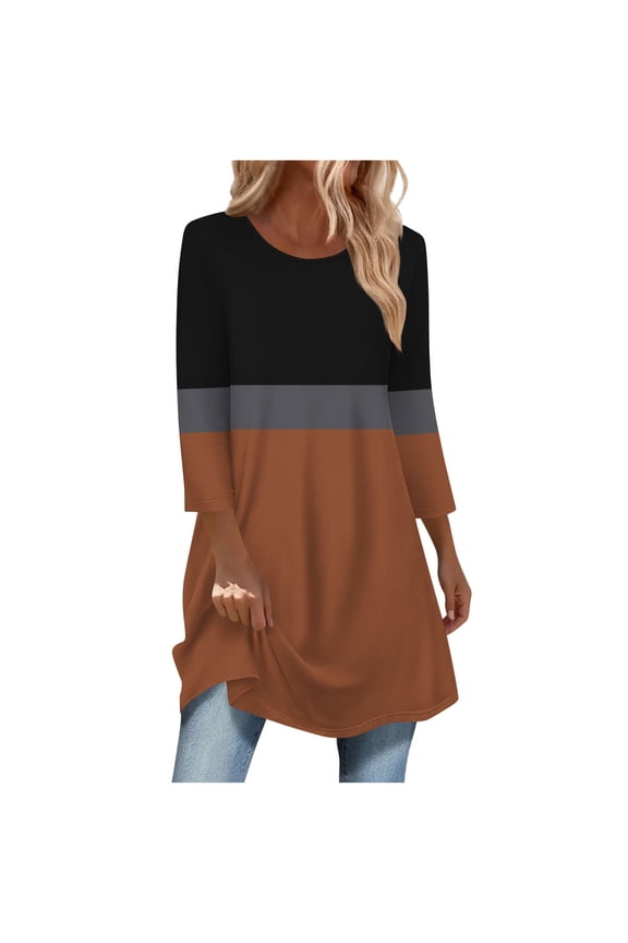 Women Loose Tops Fashion Color Match Crew Neck 3/4 Sleeve Long Tops With Curved Bottom for Daily