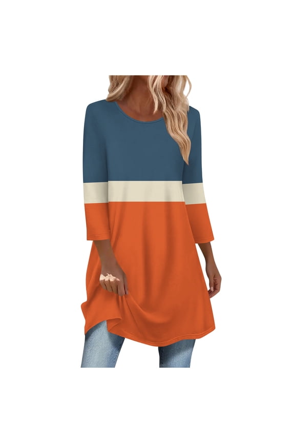 Women Loose Tops Fashion Color Match Crew Neck 3/4 Sleeve Long Tops With Curved Bottom for Daily