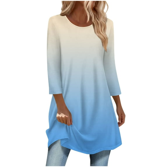SnZhen Women Loose Tops Fashion Gradient Color Crew Neck 3/4 Sleeve Long Tops With Curved Bottom