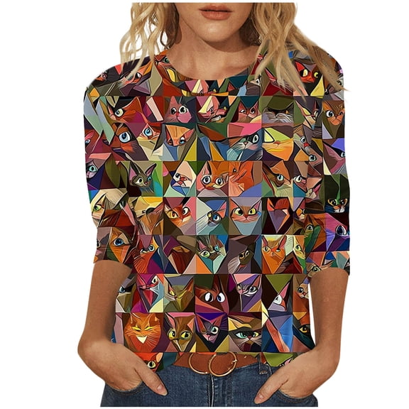 SnZhen Women's 3/4 Sleeve Tops Fashion Casual Cat Print Round Neck Three Quarter Sleeve T-shirt Blouse Blue#01 S