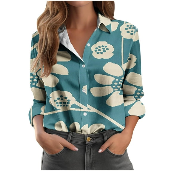SnZhen Women's Bloues Printing Fashion Long Sleeved Printed Lapel Button Up Comfy Loose Bloues Blue#01 S