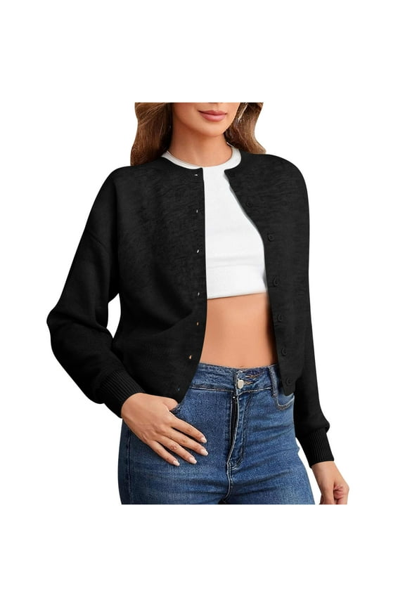 Women's Cardigan Top Fashion Solid Color Round Neck Knitted Button Up Lightweight Versatile Sweater Black L