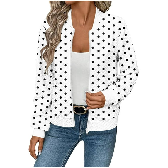 SnZhen Women's Casual Hoodless Jackets Ladies Autumn And Winter Fashion Polka-Dot Pocket Waffle Zipper Long Sleeve Jacket White S