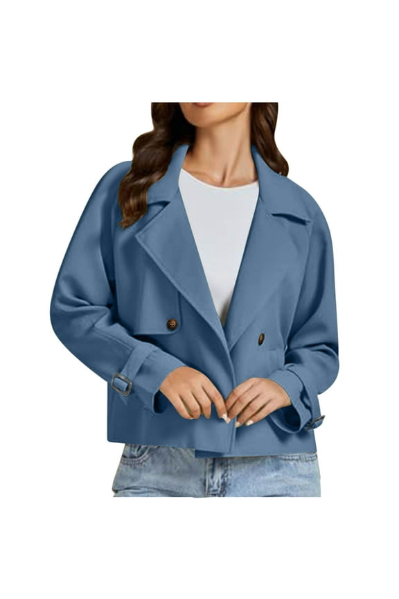 Women's Casual Jacket Fashion Button Solid Color Pocket Long Sleeved Cardigan Cropped Jackets Tops Navy S