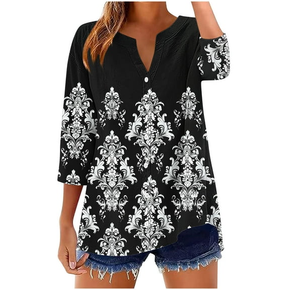 SnZhen Women's Casual Printed Tops Fashion V-Neck 3/4 Sleeve Button Up Relaxed Fit Top Blouse for Women