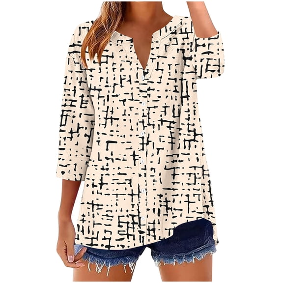 SnZhen Women's Casual Printed Tops Fashion V-Neck 3/4 Sleeve Button Up Relaxed Fit Top Blouse for Women