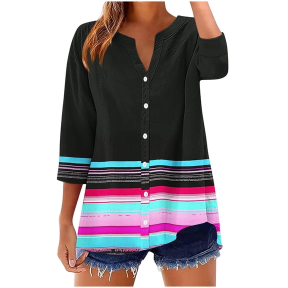 SnZhen Women's Casual Printed Tops Fashion V-Neck 3/4 Sleeve Button Up Relaxed Fit Top Blouse for Women