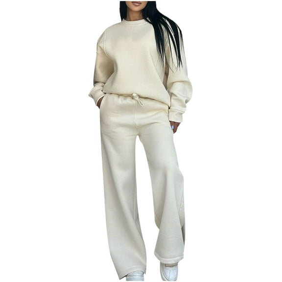 SnZhen Women's Casual Sports Sets Solid Color Crew Neck Long Sleeved Pullover Tops Elastic Waist Trousers Suit Beige L