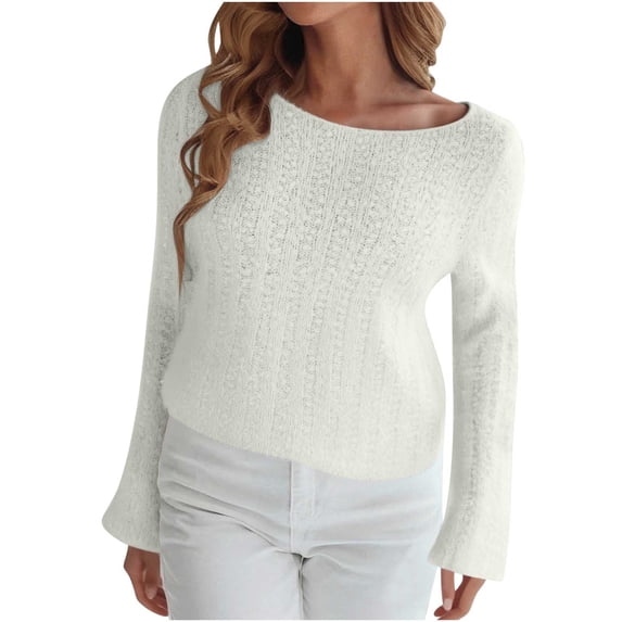 SnZhen Women's Casual Sweater Tops Fashion Solid Color Word Collar Long Sleeved Warm Pullover Sweaters White Free Size