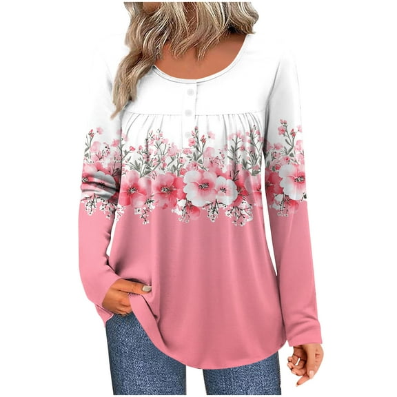 SnZhen Women's Casual Top Fashion Printed Round Neck Button Loose Long Sleeve Comfy Pullover Tops