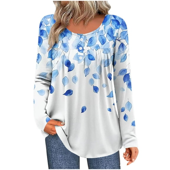 SnZhen Women's Casual Top Fashion Printed Round Neck Button Loose Long Sleeve Comfy Pullover Tops