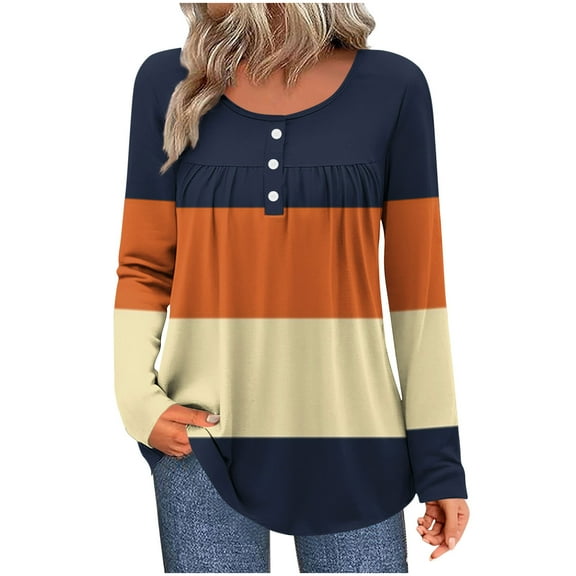 SnZhen Women's Casual Top Fashion Printed Round Neck Button Loose Long Sleeve Comfy Pullover Tops