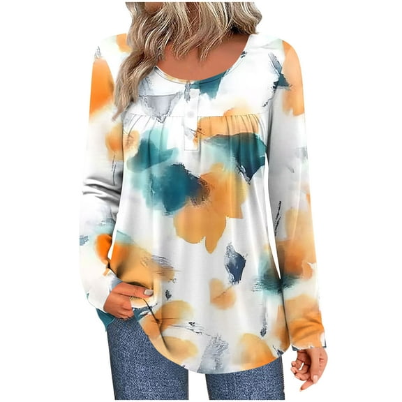 SnZhen Women's Casual Top Fashion Printed Round Neck Button Loose Long Sleeve Comfy Pullover Tops