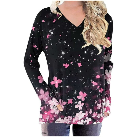 SnZhen Women' s Casual V-Neck Tops Fashion Floral Printing Loose Raglan Long Sleeve T-shirt Pullover Top