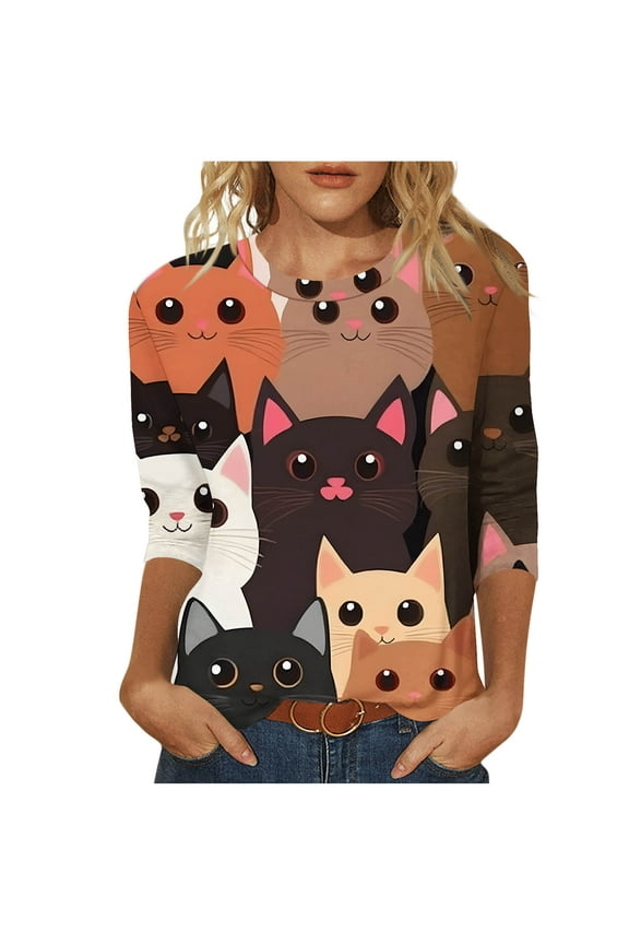 Women's 3/4 Sleeve Tops Fashion Cat Print Round Neck T-Shirt 3/4 Sleeve Casual Tee Cute Graphic Blouse