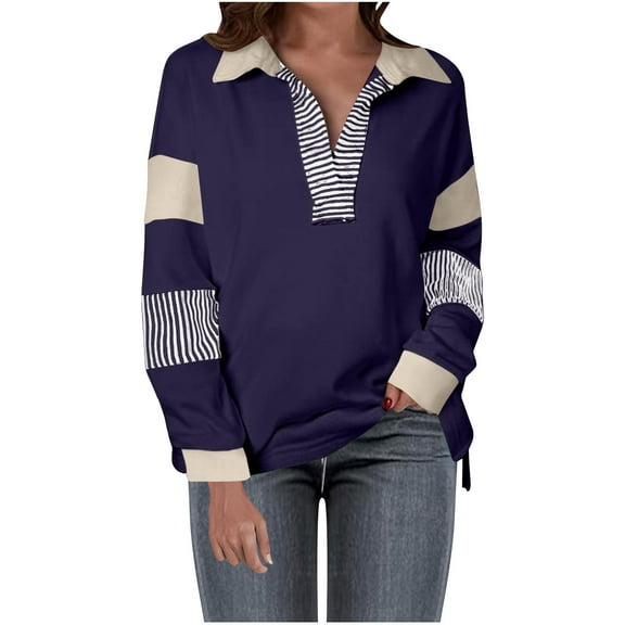 SnZhen Women's Color-blocking Splicing Long Sleeved V-Neck Pullover Casual Fashion Tops Navy XXL