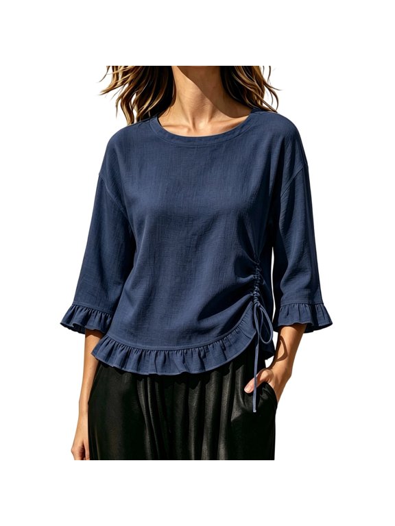 Women's Cotton Linen Shirt with Side Drawstring, 3/4 Sleeve Round Neck Blouse, Ruffle Sleeve Loose Fit Top for Summer Office