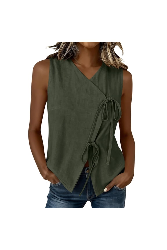 Women's Cotton Linen Wrap Sleeveless Blouse Fashion Ladies V-Neck Tie Front Casual Top