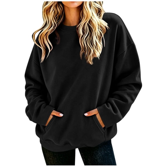 SnZhen Women's Crew Neck Sweatshirt Long Sleeve Fleece Pullover with Kangaroo Pocket Casual Everyday Top Black,XL