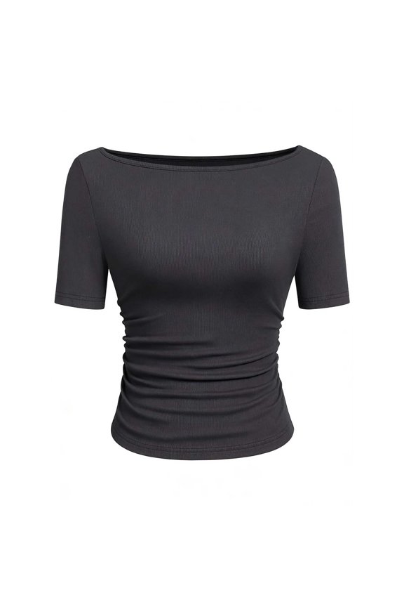 Women's Elastic Ruched Design Tops Ladies Short Sleeve Blouse Casual Loose Solid Color Elasticity Round Neck Top