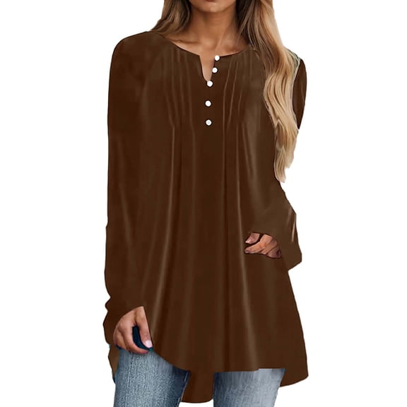 SnZhen Women's Gold Velvet Tops Fashion Solid Color Loose Long Sleeve Round Neck Pleated Button Pullover T-shirt Coffee S