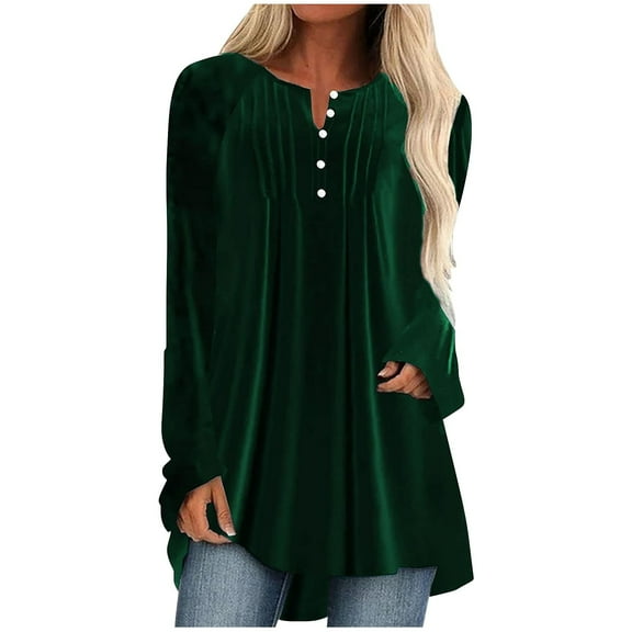 SnZhen Women's Gold Velvet Tops Fashion Solid Color Loose Long Sleeve Round Neck Pleated Button Pullover T-shirt Green S
