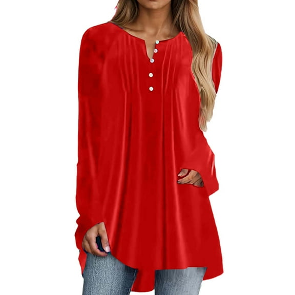 SnZhen Women's Gold Velvet Tops Fashion Solid Color Loose Long Sleeve Round Neck Pleated Button Pullover T-shirt Red S