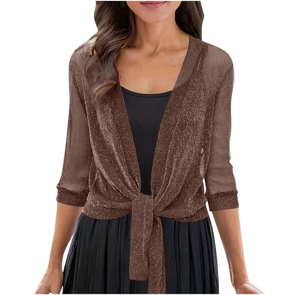 SnZhen Women's Lightweight Blinging Cardigan Fashion Mesh Breathable Thin Fiber Open Front Cover-Up Shirt for Casual Wear Coffee XL